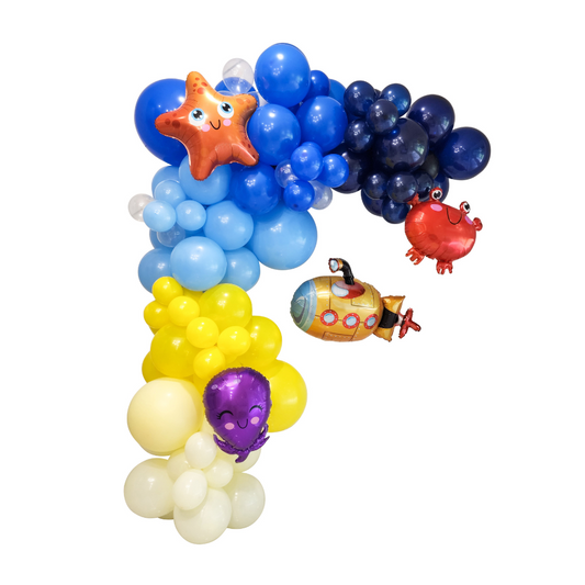 Ocean theme balloon garland with crab, starfish and octopus foil balloons. 