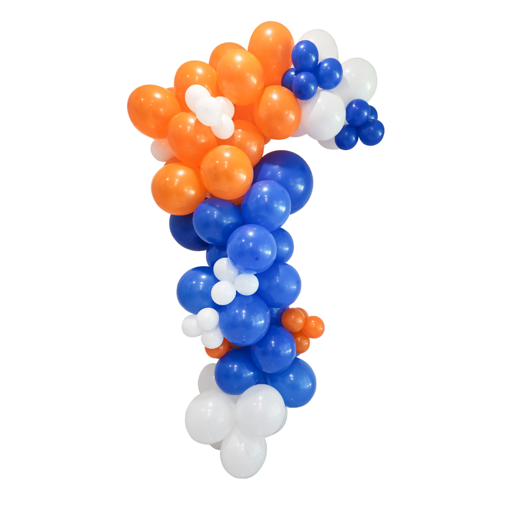 Nerf or blippie colored balloon garland with blue, orange and white balloons. 