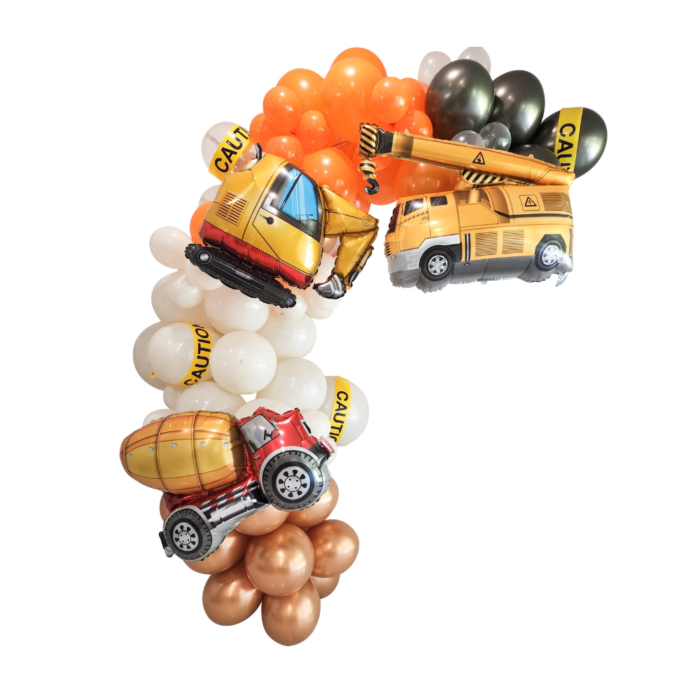 Construction Theme Balloon Arch , orange brown and white balloons with excavator, bulldozer and mixer. 