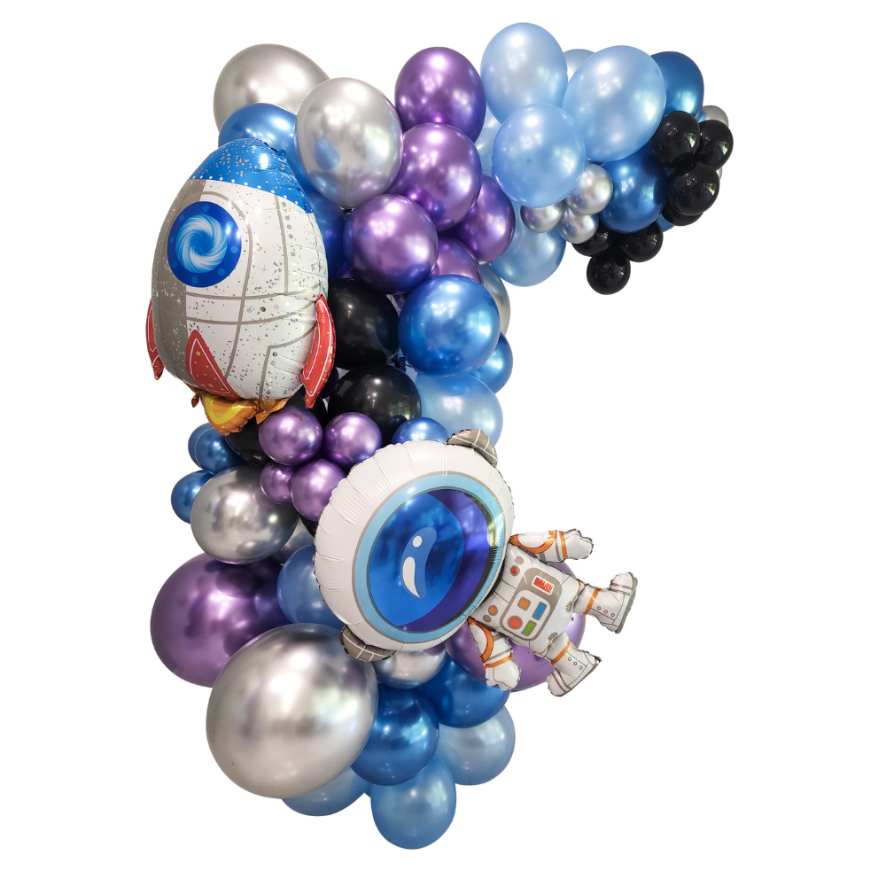 Blue, purple and silver balloon garland with astronaut and rocket foil balloons. 