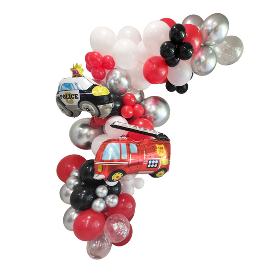 Red, Black and White Balloon Garland with first responder, fire truck and police car foil balloons. 