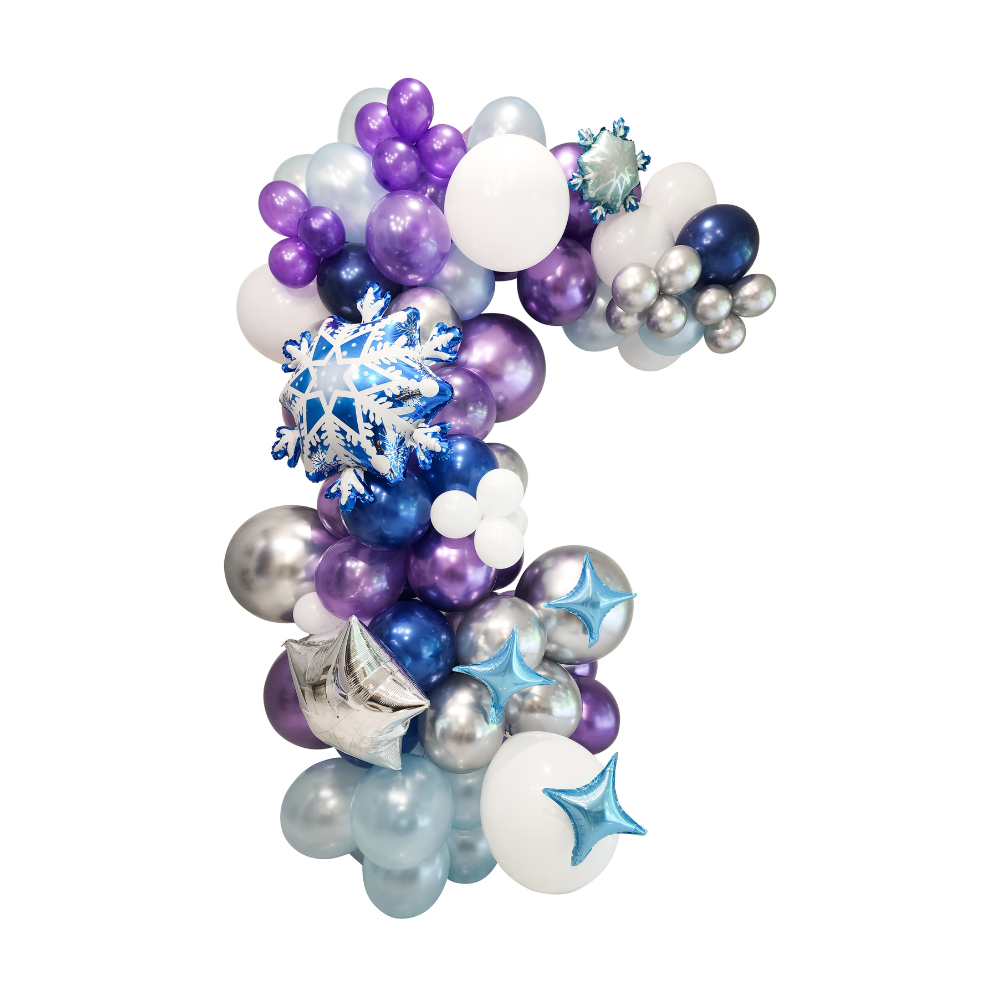 Purple Blue and White Balloon Garland with Frozen Snowflakes. 