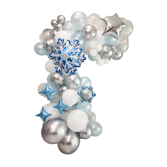 Silver, white and light blue balloon garland with icy snowflake foil balloons. 
