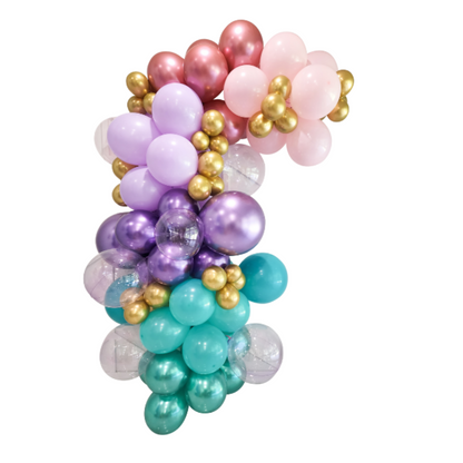 Balloon garland with pink, purple and turquoise balloons. 