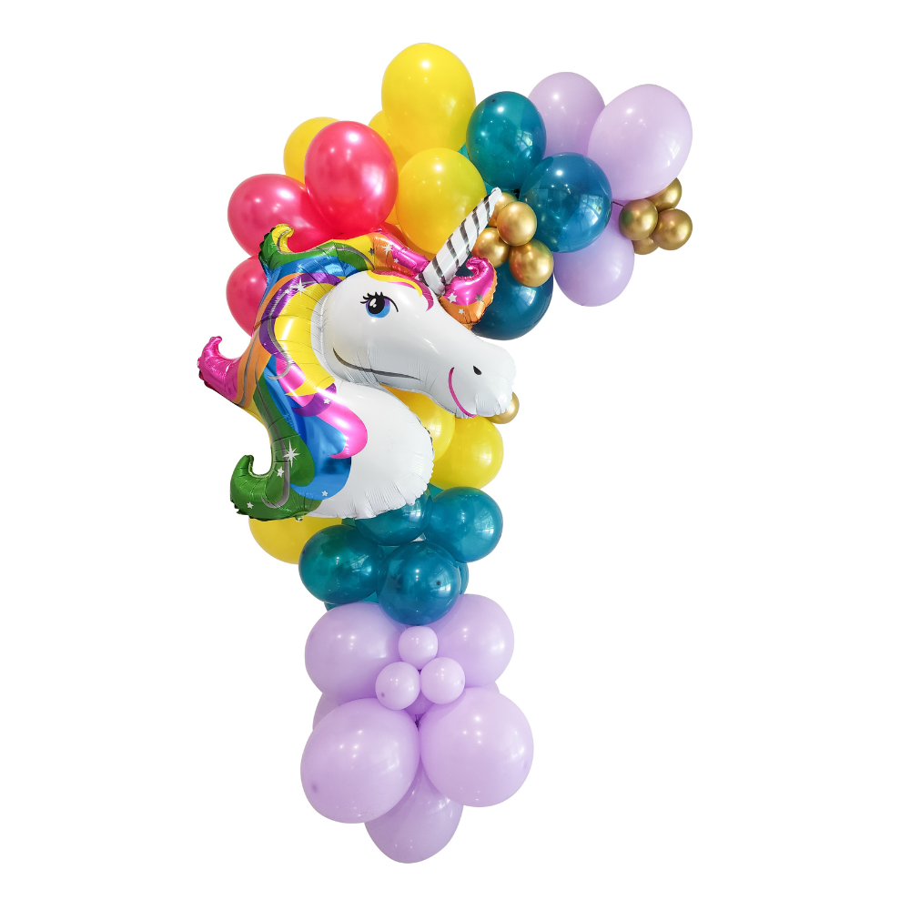 Unicorn balloon garland with teal, yellow, pink and purple balloons. 